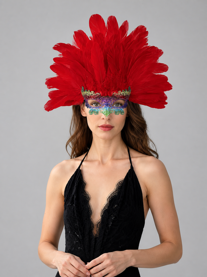 Carnival Headpiece with Red Feathers and Mask Costume Masks detail