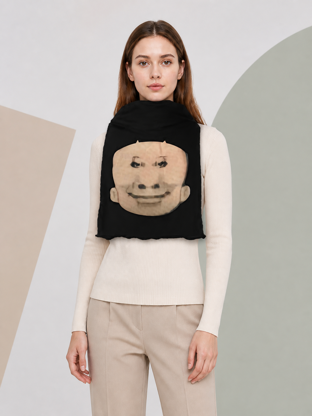Black Halloween Mask with a Flesh-Colored Face, 3D Design on-model front view