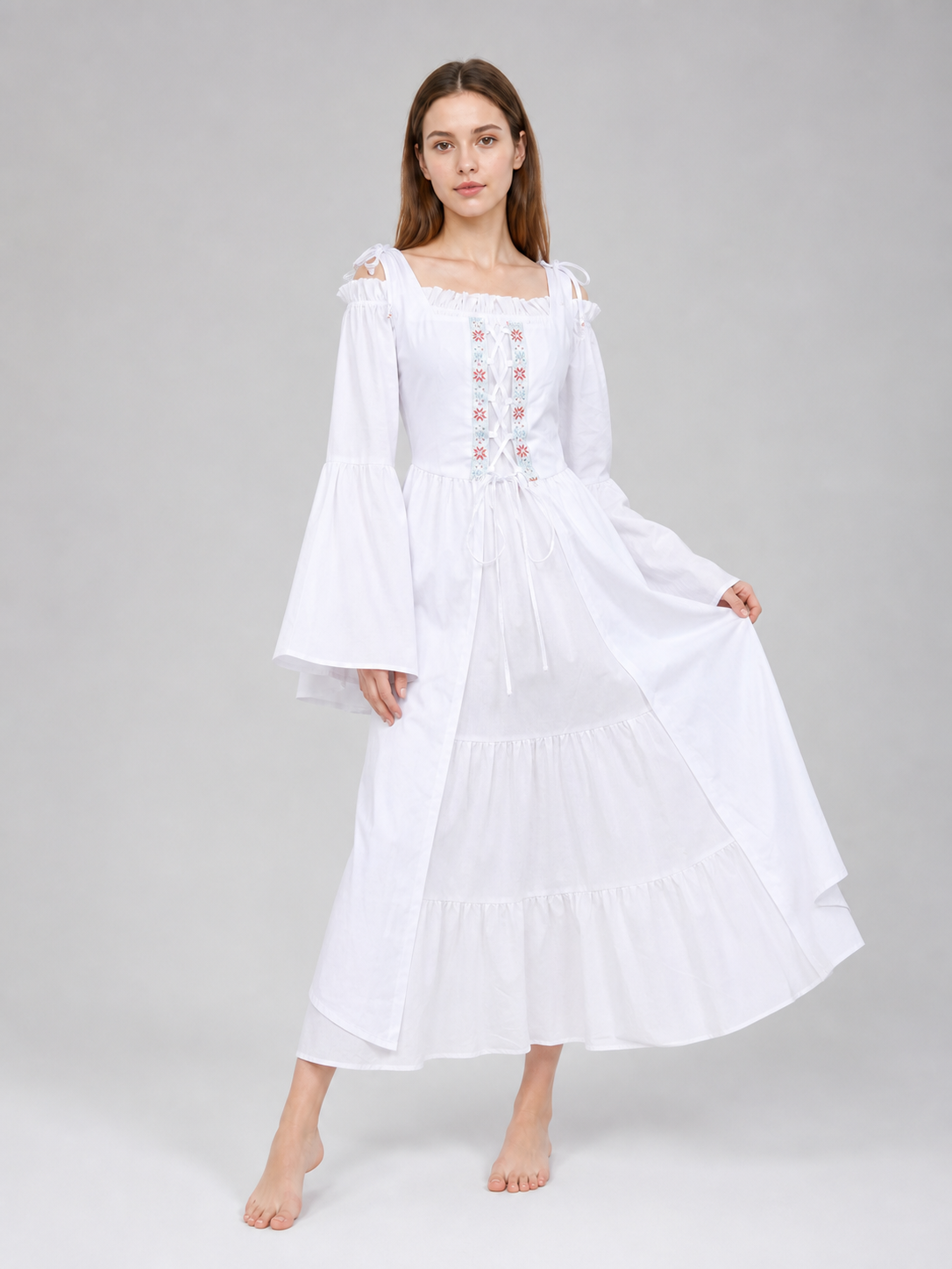 Retro-Style Embroidered Lace-Up Maxi Dress