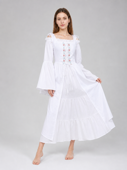Retro-Style Embroidered Lace-Up Maxi Dress