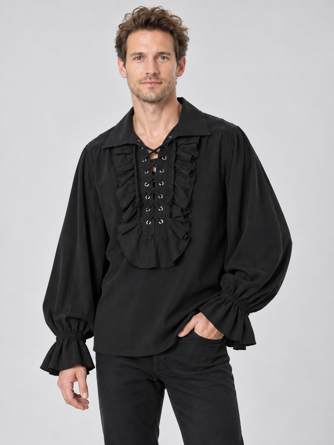 Black Shirt with Puff Sleeves, Ruffles, and Lacing