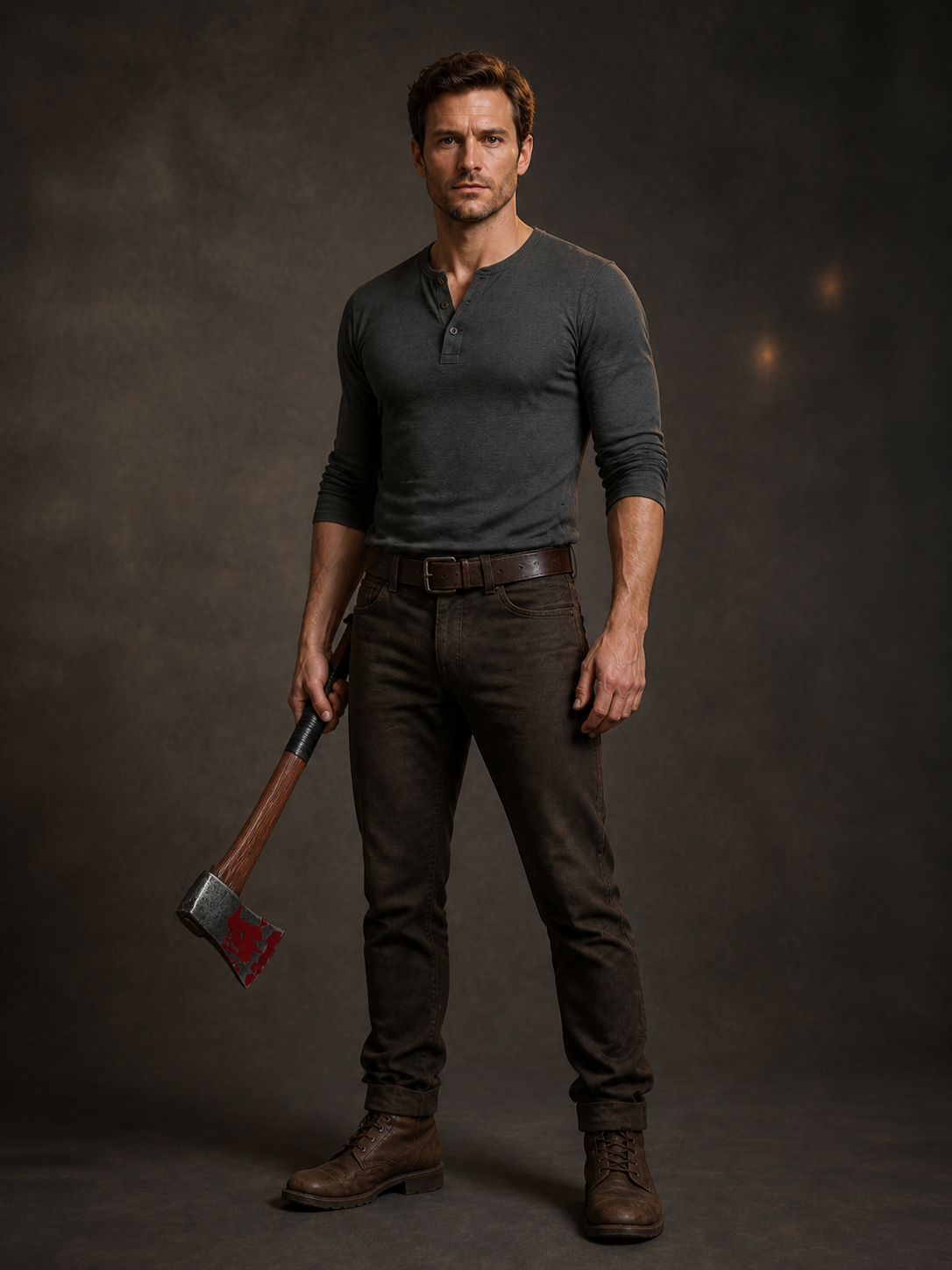 Full-body model standing against a dark backdrop and holding the axe with its red-patterned metal head and black grip visible