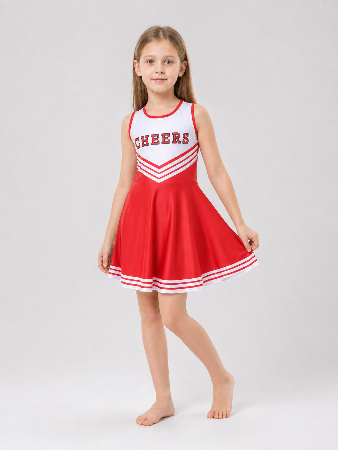 Cheerleading Costume: Dress, Leg Warmers, and Pom-Poms