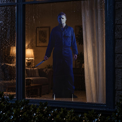 Life-size Michael Myers horror cutout standee seen through a window inside a living room