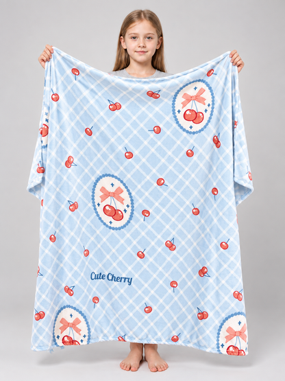 Blue Plaid Polyester Blanket with Cherries and Bows