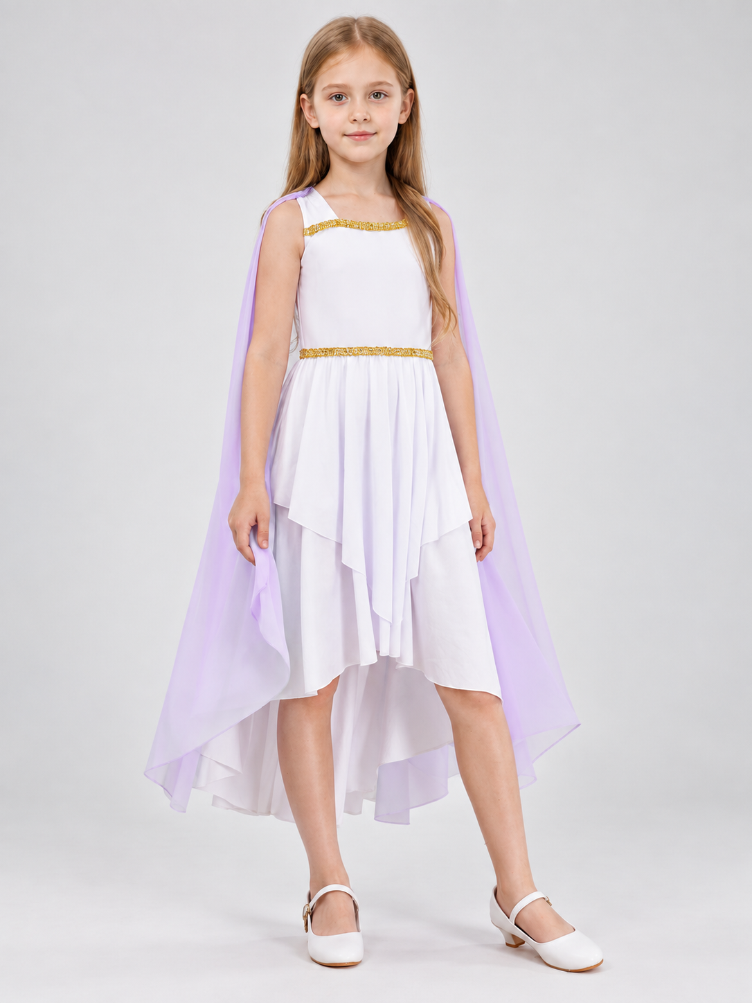 White Ancient Greek Style Dress with Lilac Cape