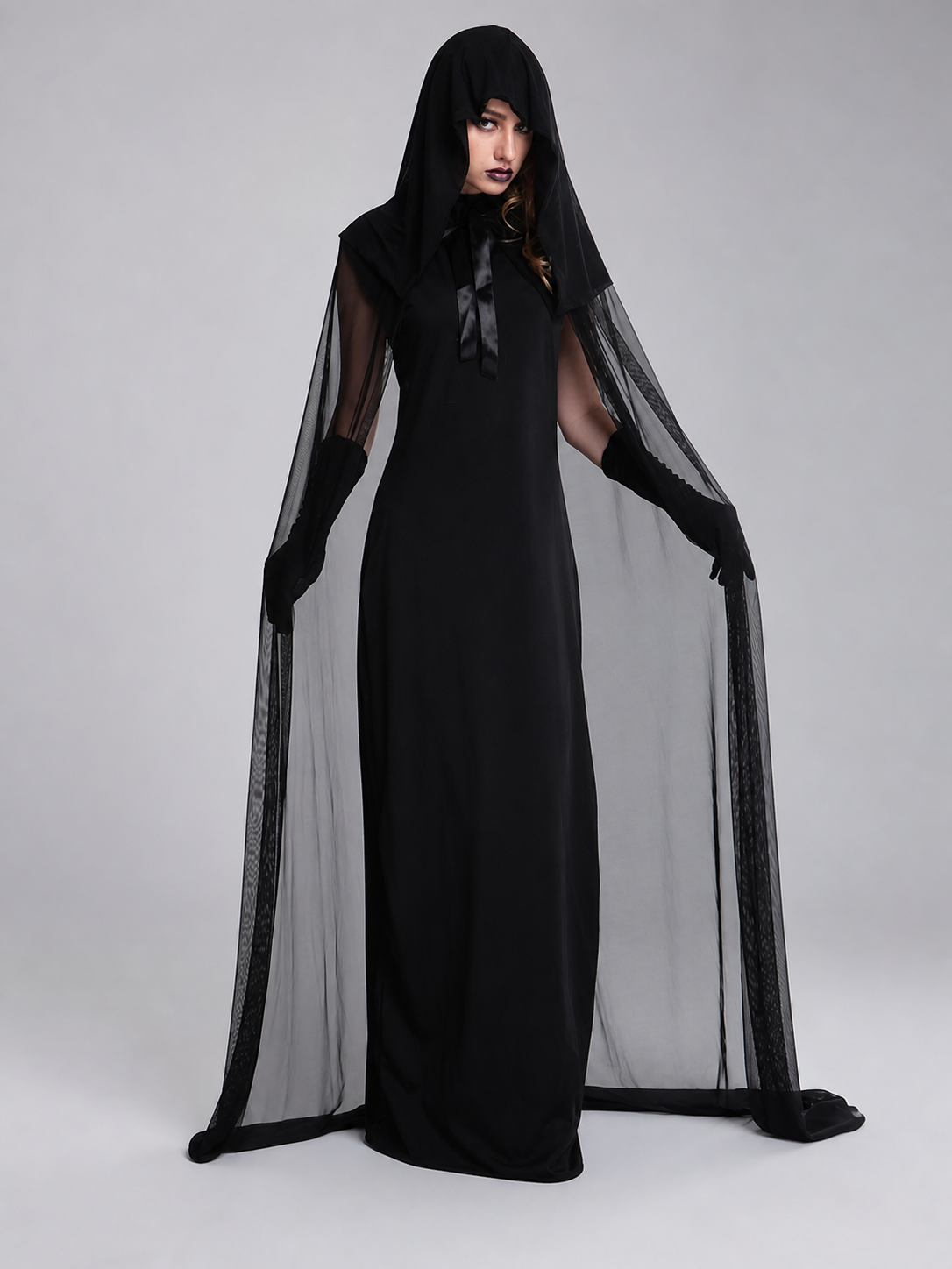 Black Long Hooded Cloak for Carnival
