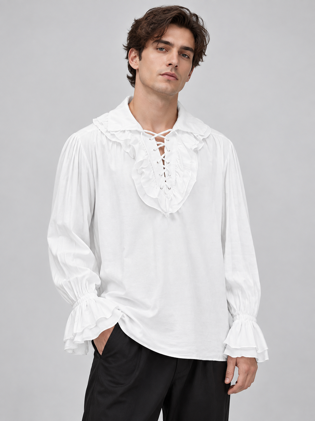 White shirt with ruffles, long sleeves, and lacing