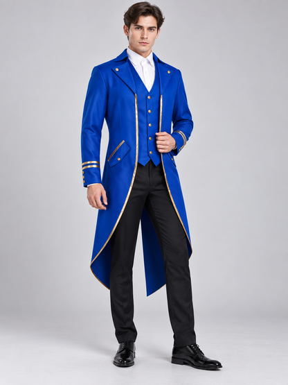 Long blue tailcoat with gold trim and buttons