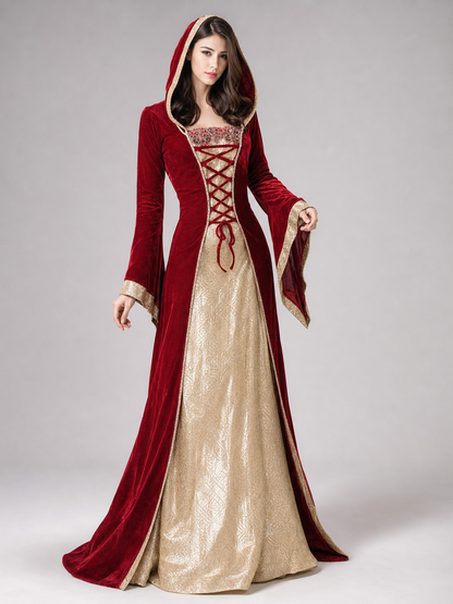 Red carnival dress with hood and lacing