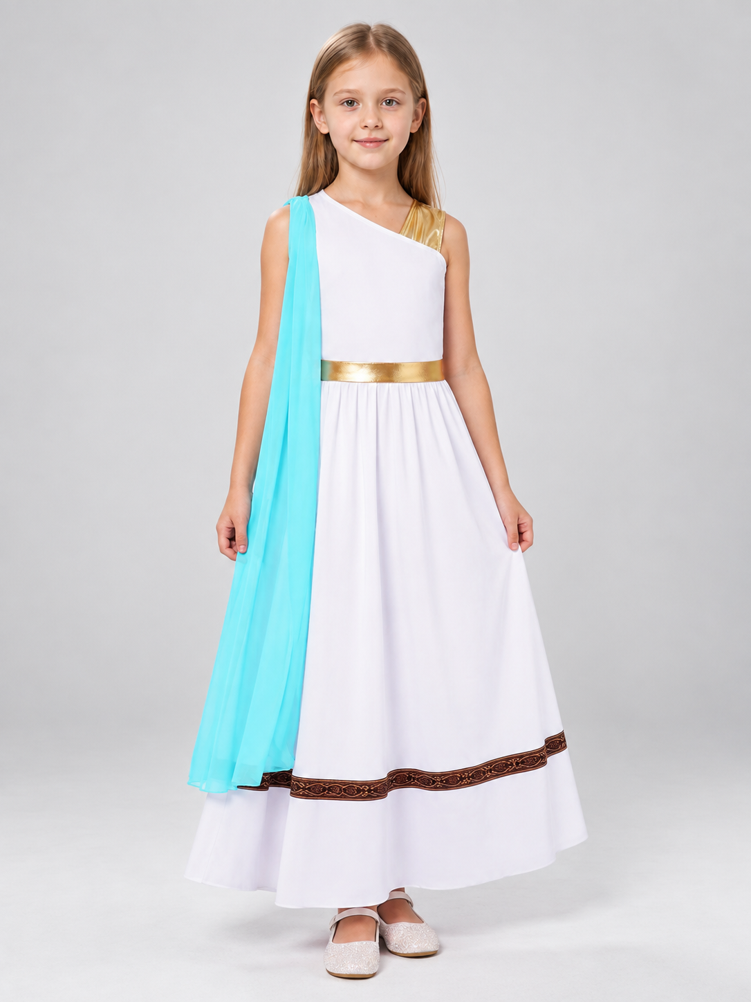 Floor-Length Dress with Turquoise Cape and Asymmetrical Top