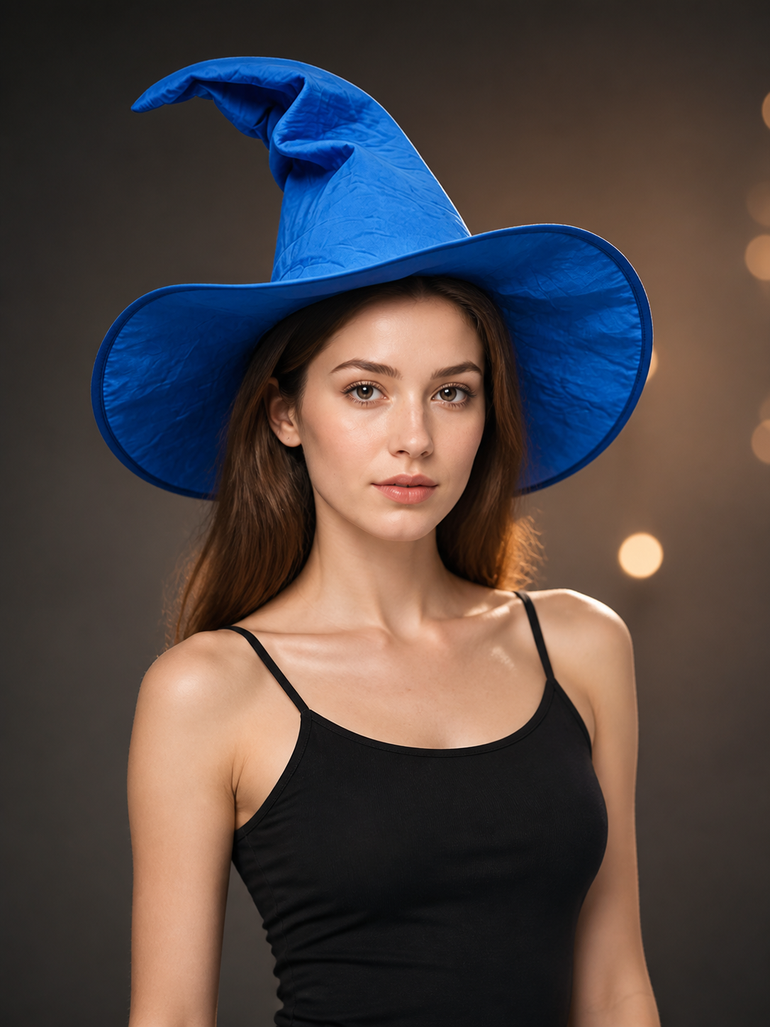 Blue Halloween Witch Hat, Wide Brim Curved Pointed Cap with Black Chin Strap on-model front view