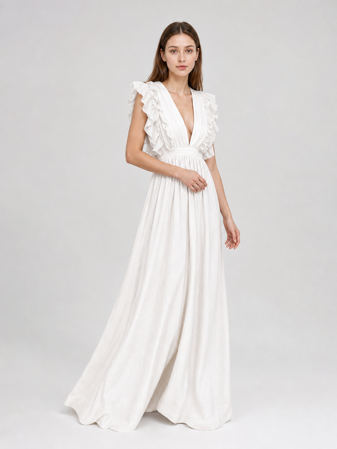 White Floor-Length Dress with a V-Neckline and Ruffled Sleeves