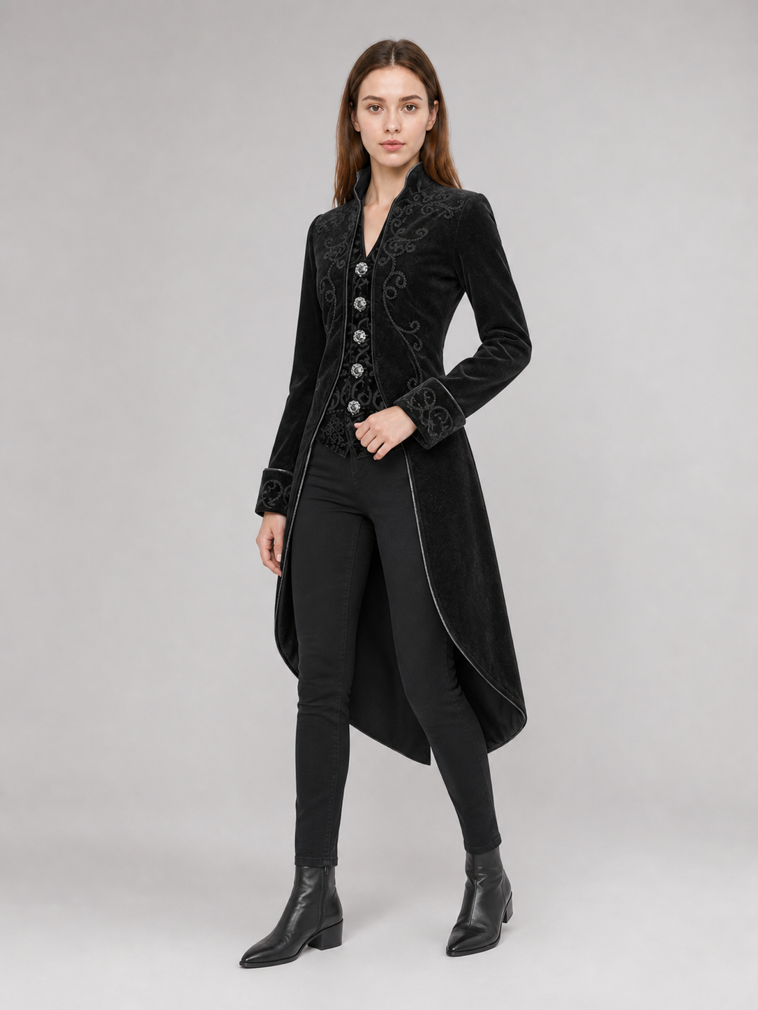 Black embroidered coat with a stand-up collar and pointed tails