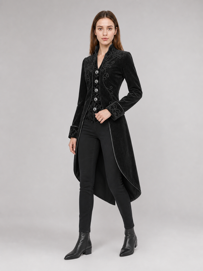Black embroidered coat with a stand-up collar and pointed tails