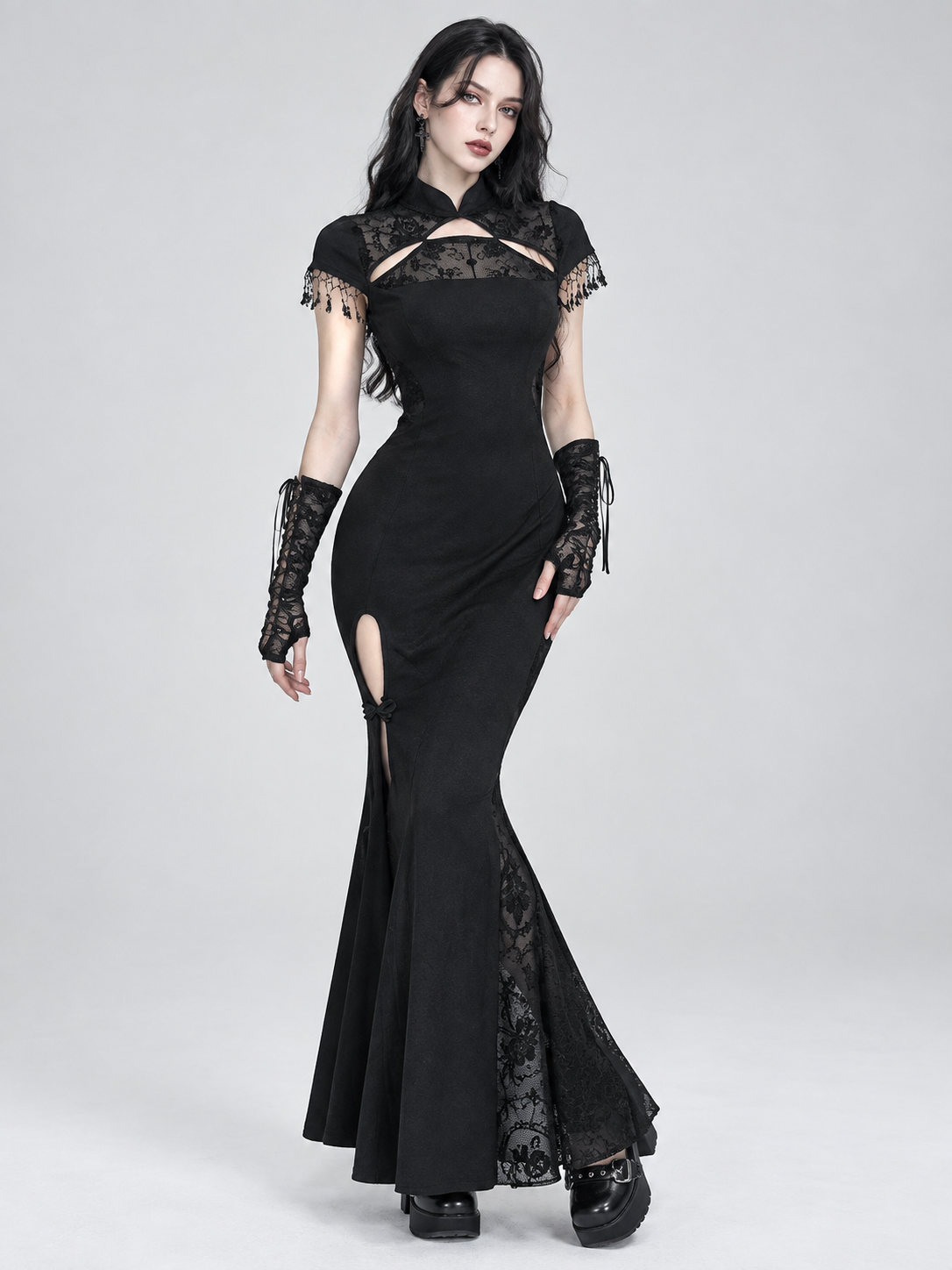 Gothic Black Lace Dress with High Collar