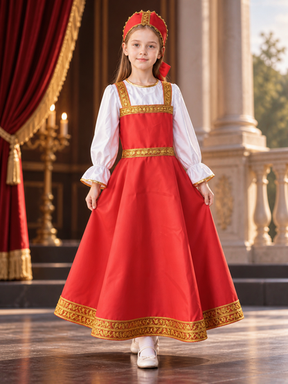 gold red russian folk-style long-sleeve costume dress with headwear product image 3