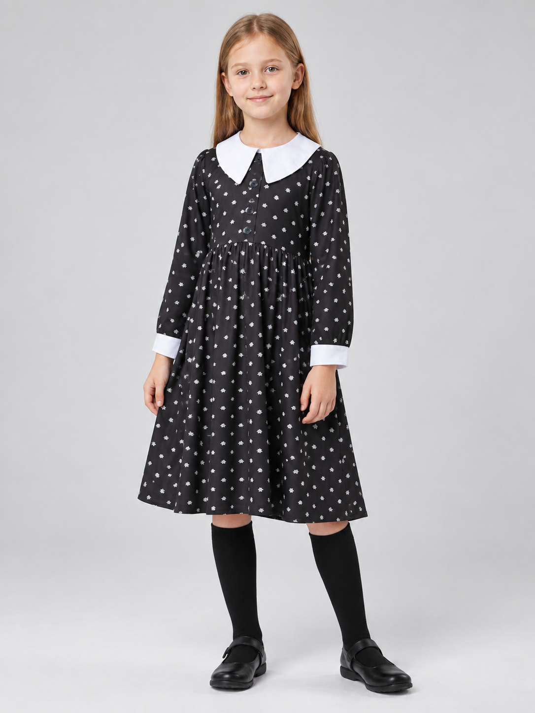 Black Carnival Dress with White Polka Dots and Collar
