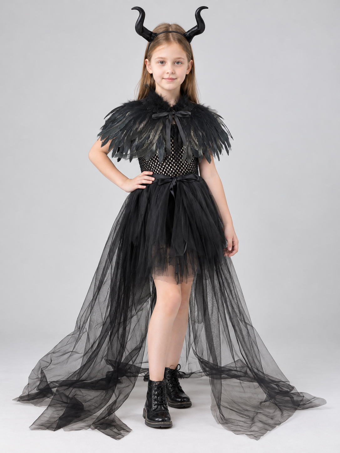 Kids' Witch Costume Black with Feathers and Mesh