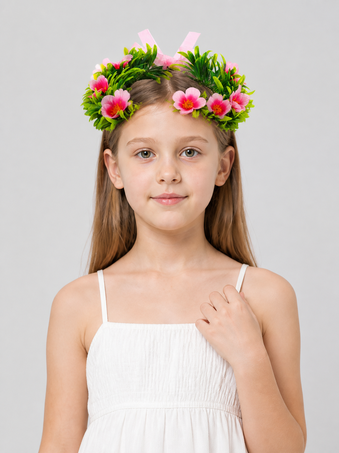 Carnival Headband with Pink Flowers and Green Leaves Costume Headwear detail