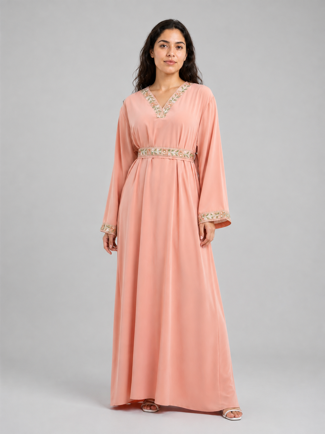 Pink Maxi Dress with Embroidered Trim and Belt Costume Dresses detail
