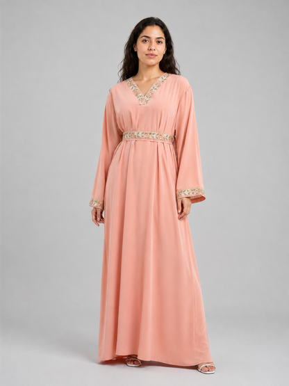 Pink Maxi Dress with Embroidered Trim and Belt Costume Dresses detail