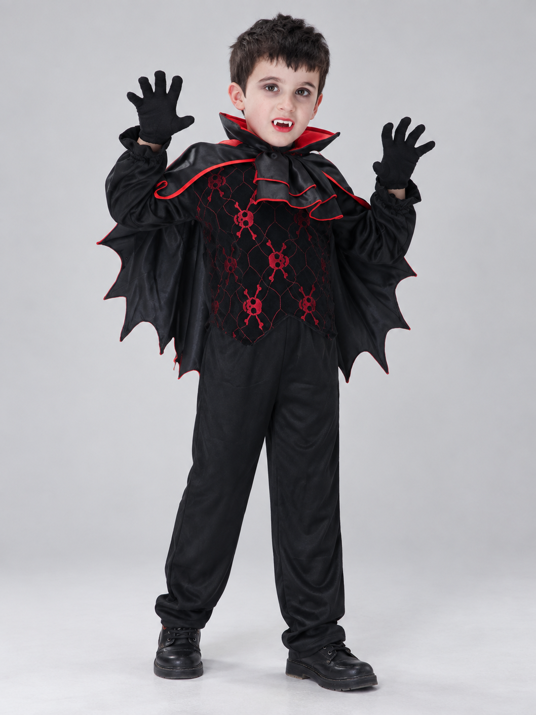 Kids' Vampire Costume with Cape and Fangs, Black and Red