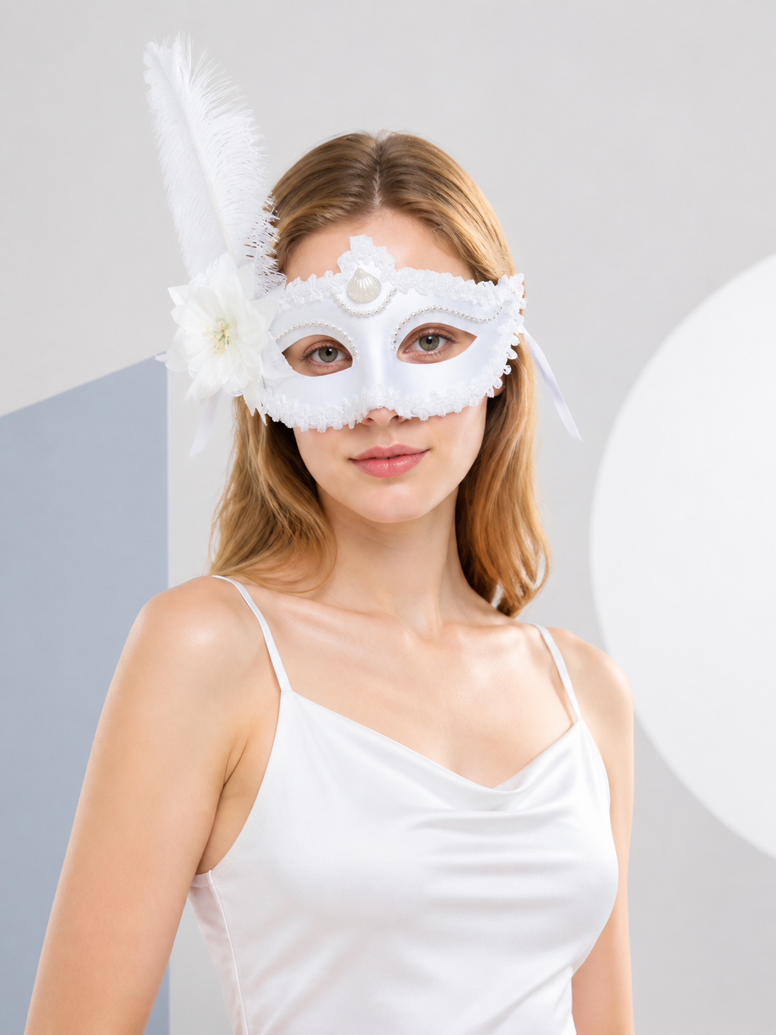 White Carnival Mask with Feathers and Lace for Halloween on-model front view
