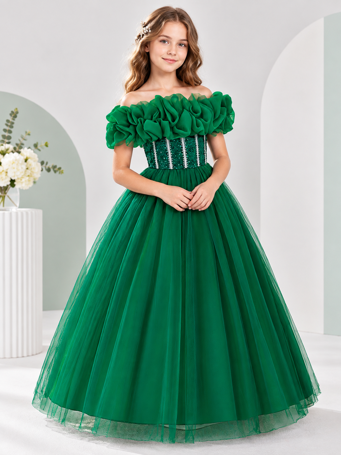 Dark Green Girls' Dressy Dress with Off-the-Shoulder Neckline
