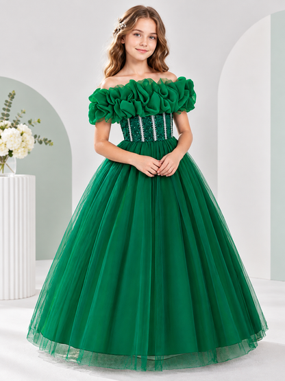 Dark Green Girls' Dressy Dress with Off-the-Shoulder Neckline