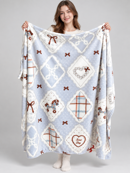 Reversible Blue Blanket with Horse and Bow Print