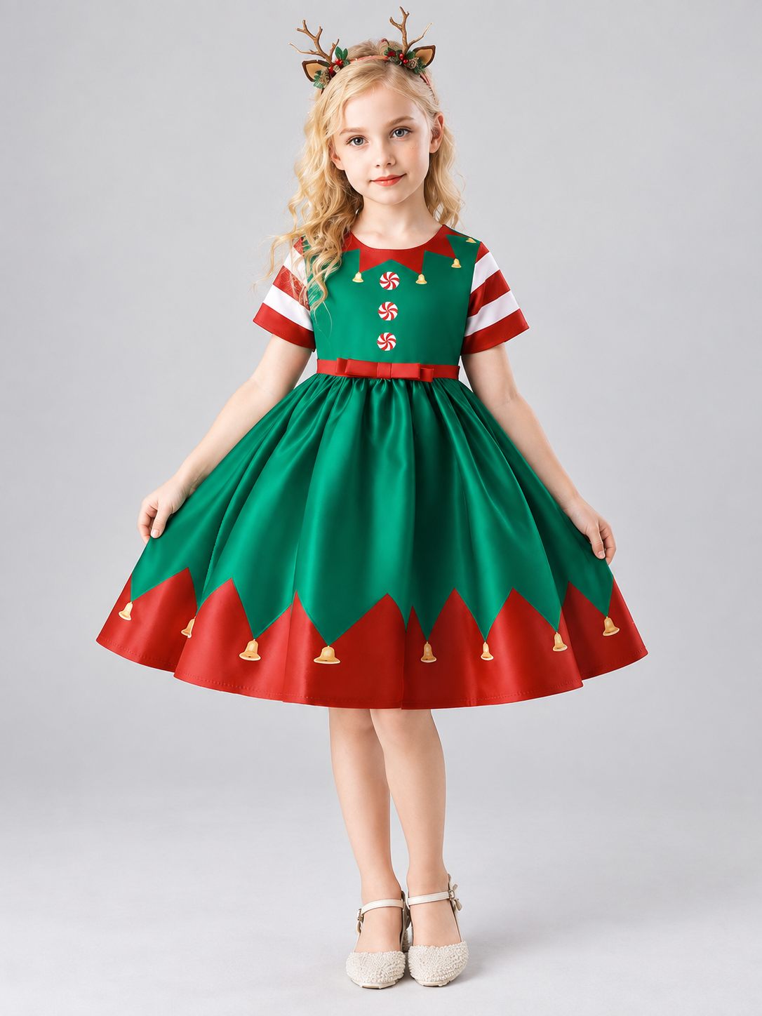 Girls' Festive Dress with Christmas Print and Bow