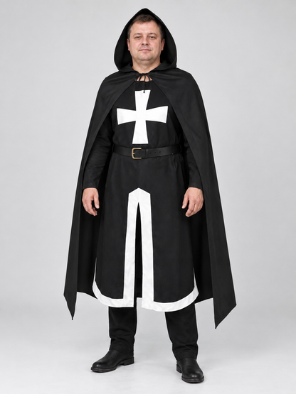 Black costume with white cross, hood, and belt
