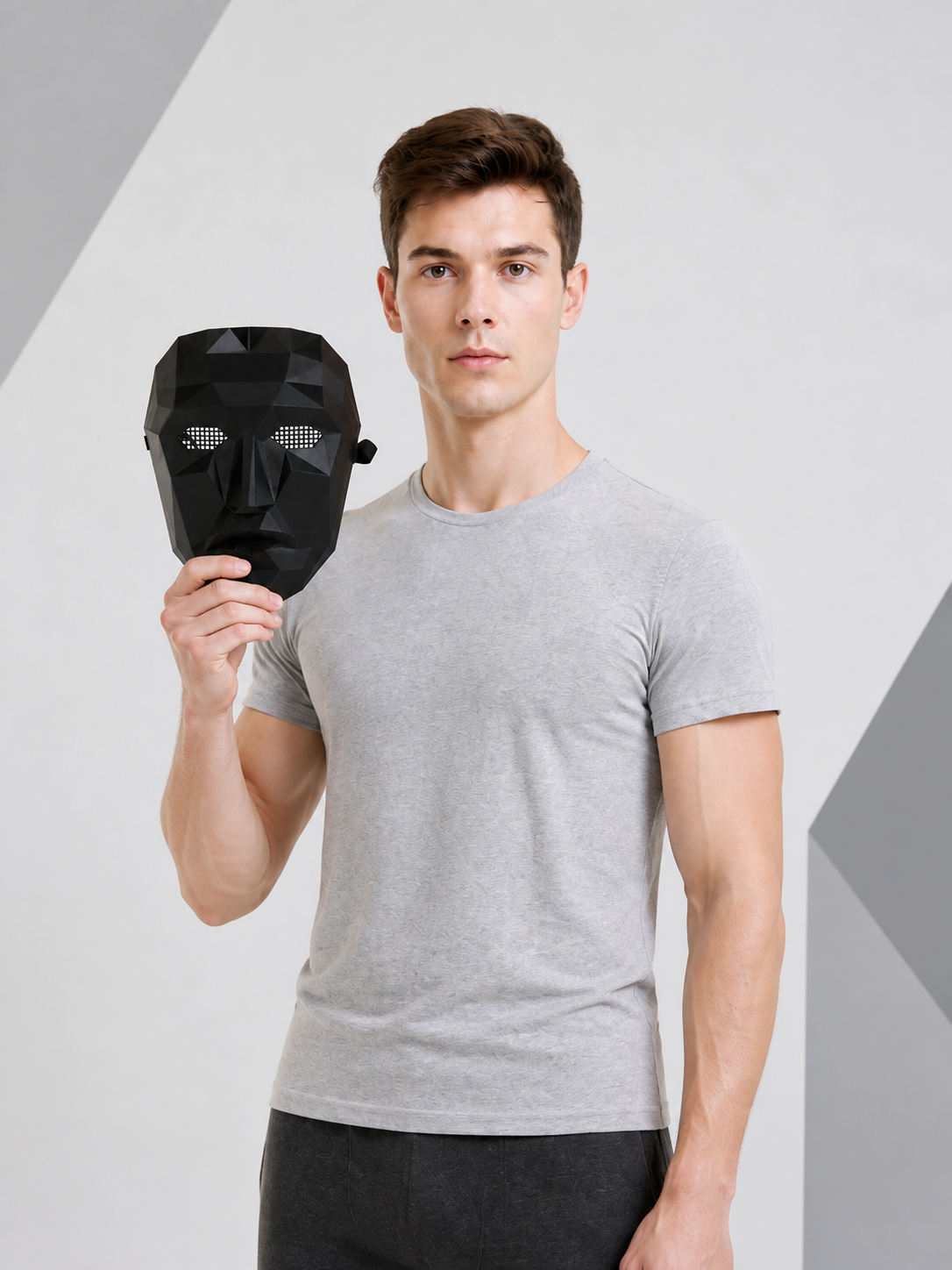 Black 3D Halloween Mask with Geometric Facets on-model front view