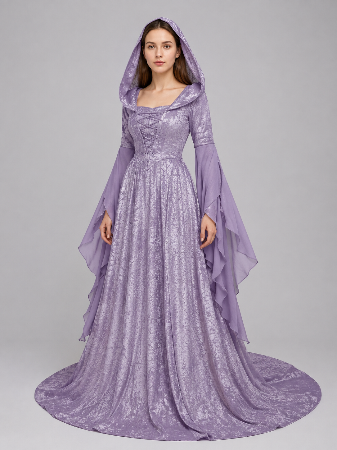 Lilac Medieval Hooded Dress with a Train Costume Dresses detail