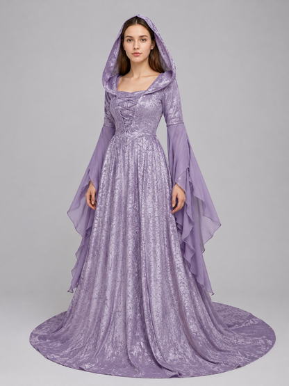 Lilac Medieval Hooded Dress with a Train Costume Dresses detail