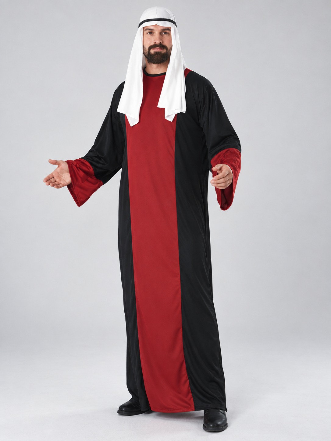 Long Arabic Costume with White Headscarf, Red and Black