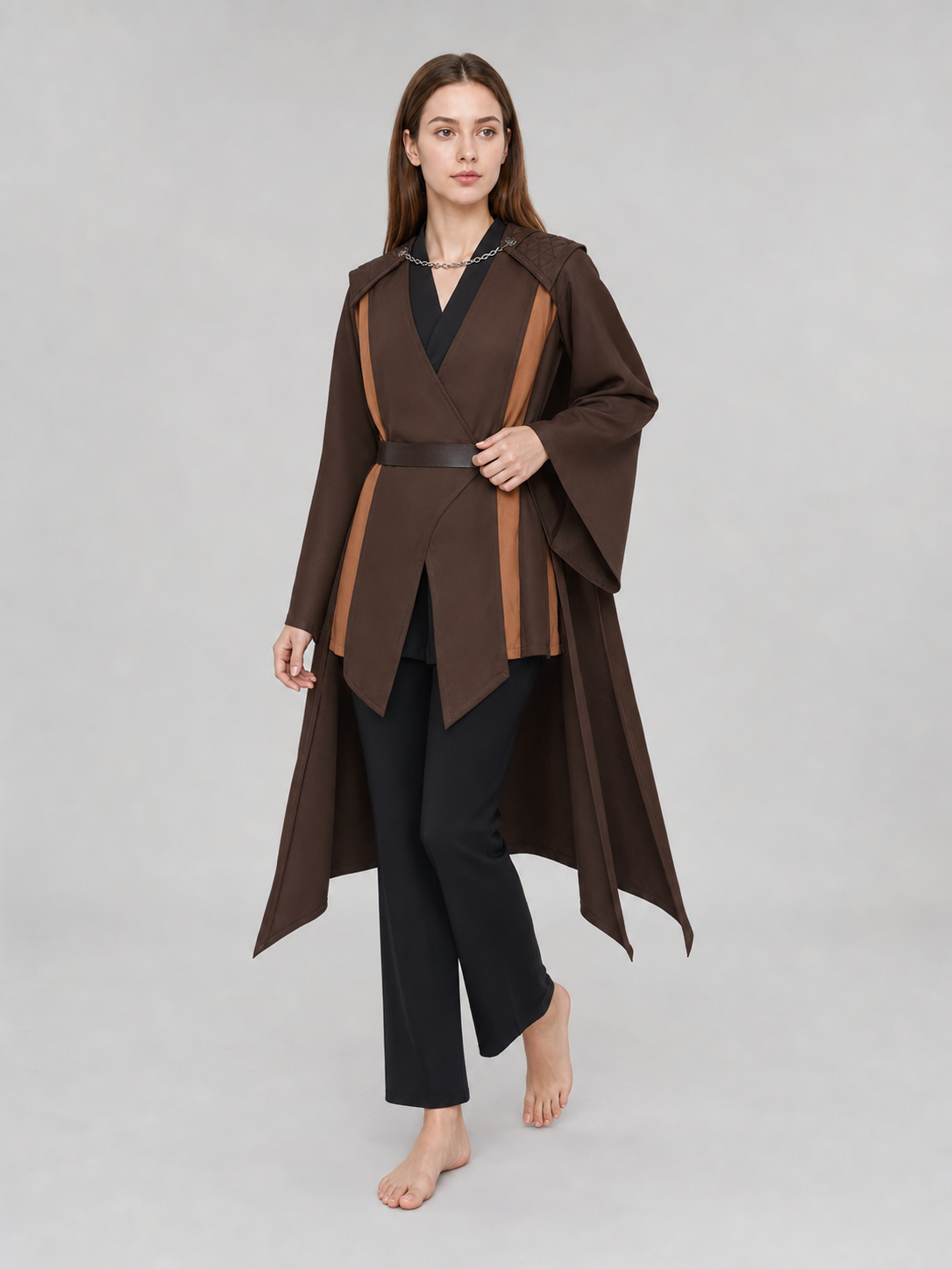 Medieval Character Cosplay Costume Set, 4-Piece Brown Cape, Black Inner Garment, Belt And Pants, Role Play Stage Outfit