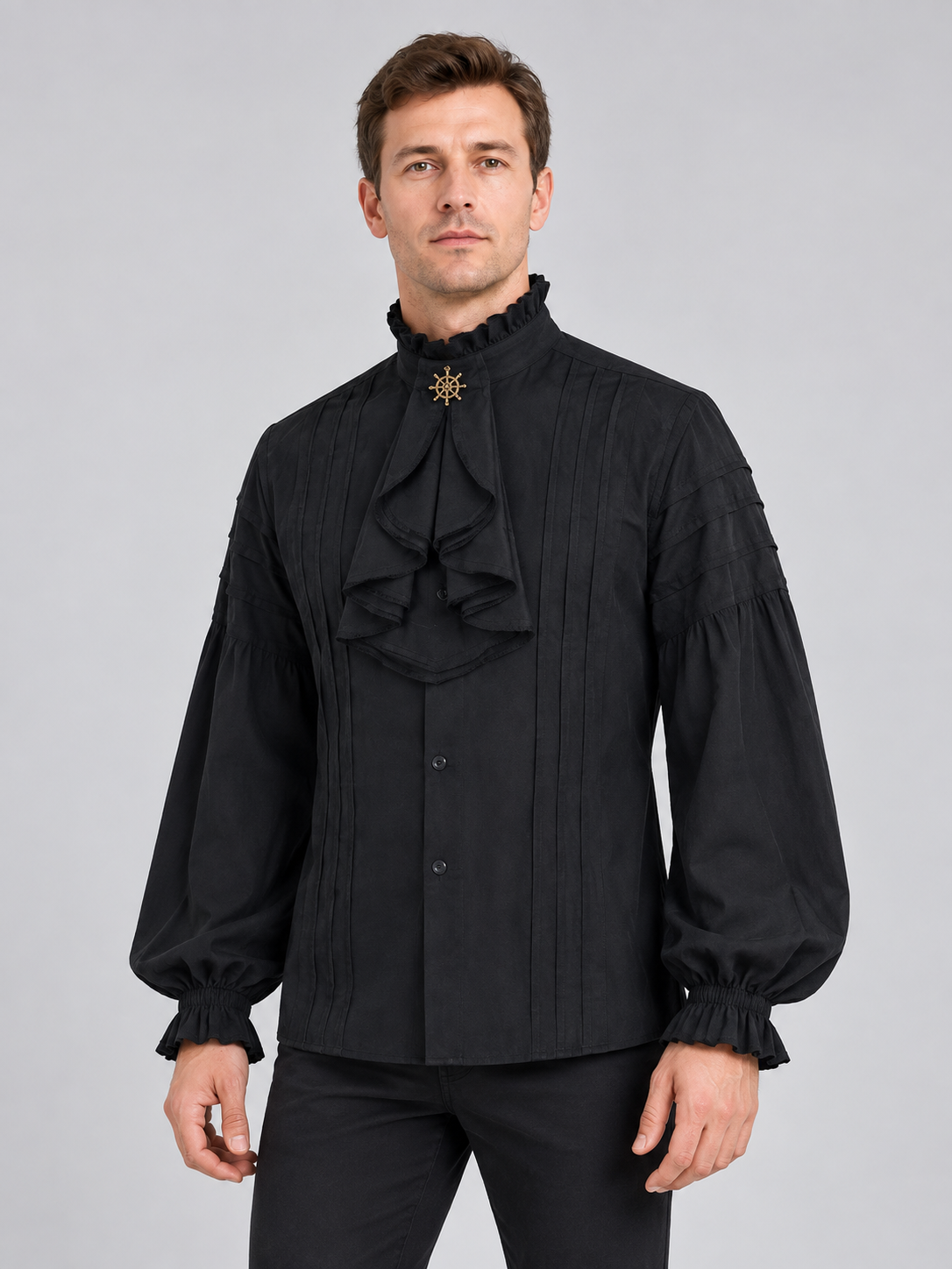 Black Shirt with Ruffles and Star Brooch