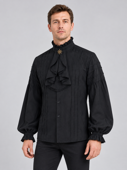 Black Shirt with Ruffles and Star Brooch