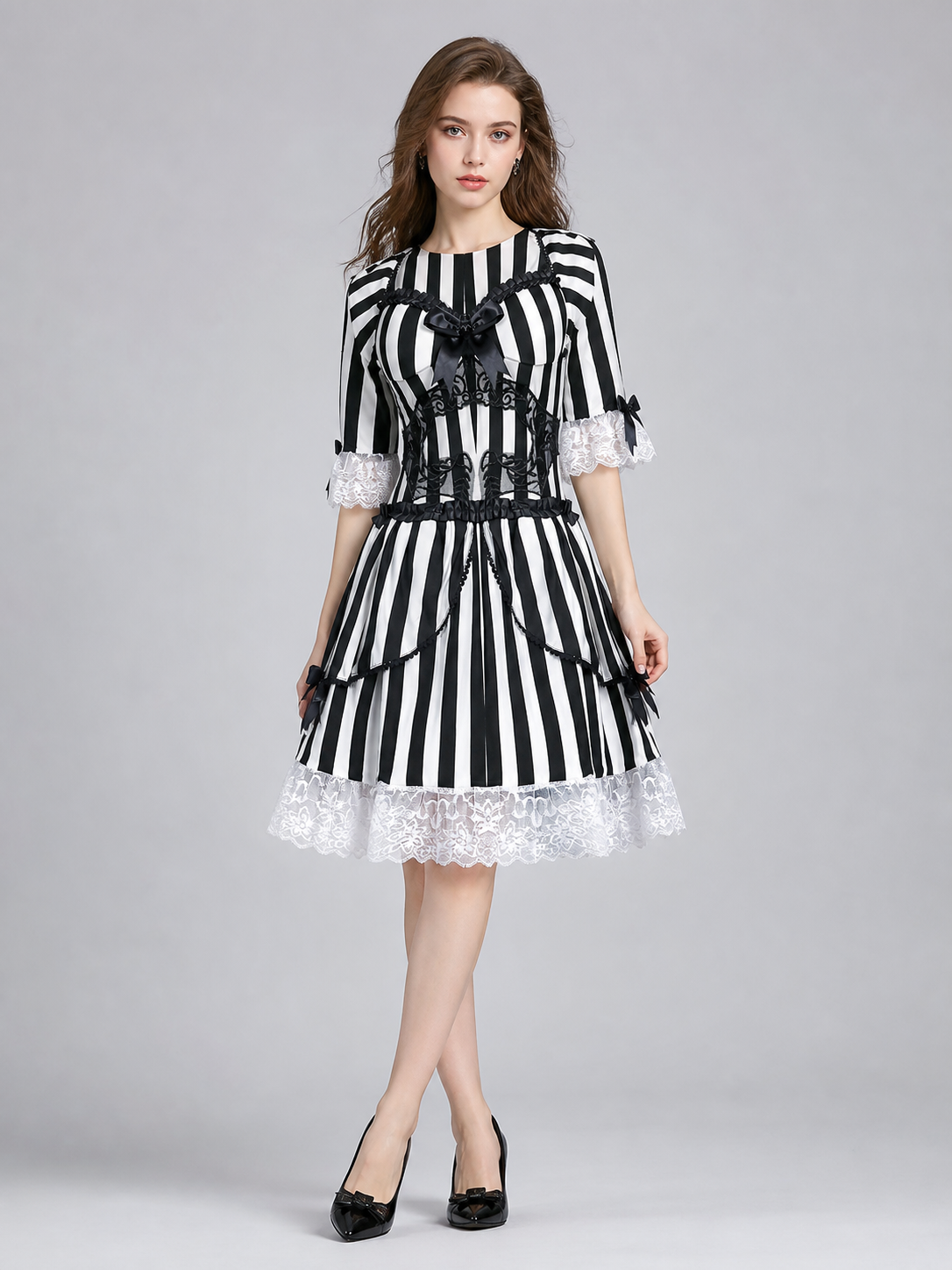 Gothic Striped Dress with Lace and Bow