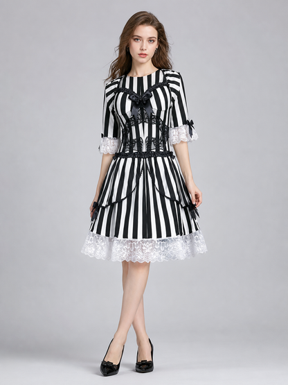 Gothic Striped Dress with Lace and Bow