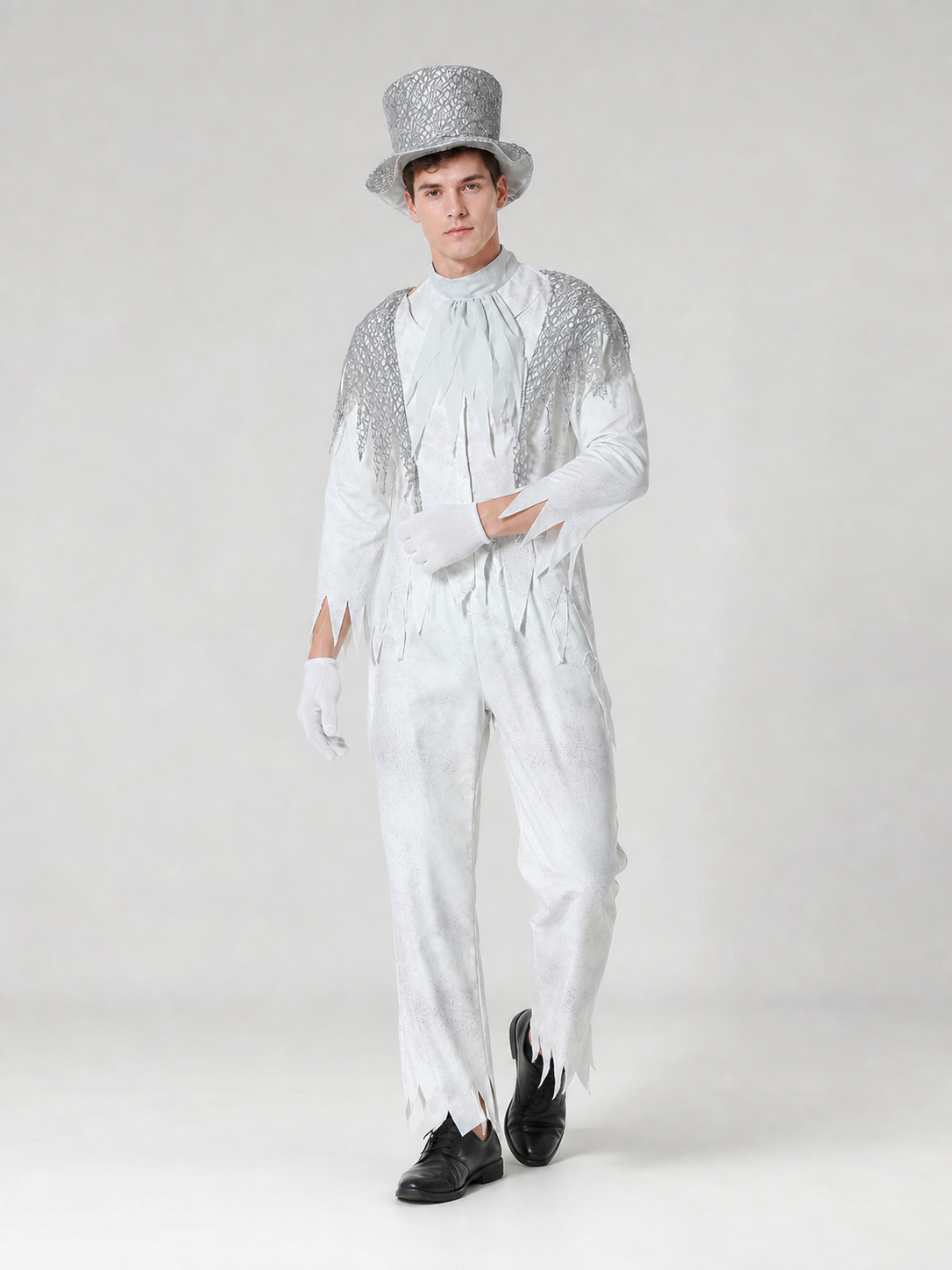 Theatrical Ghost Costume with Top Hat and Gloves