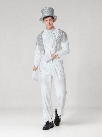 Theatrical Ghost Costume with Top Hat and Gloves