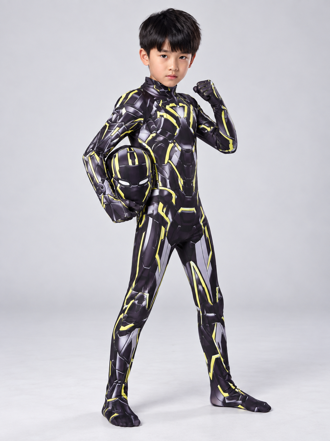 Kids' Black Superhero Costume with Mask and Yellow Lines