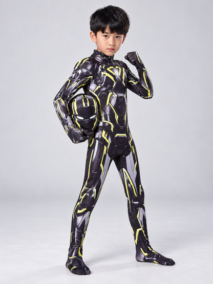 Kids' Black Superhero Costume with Mask and Yellow Lines