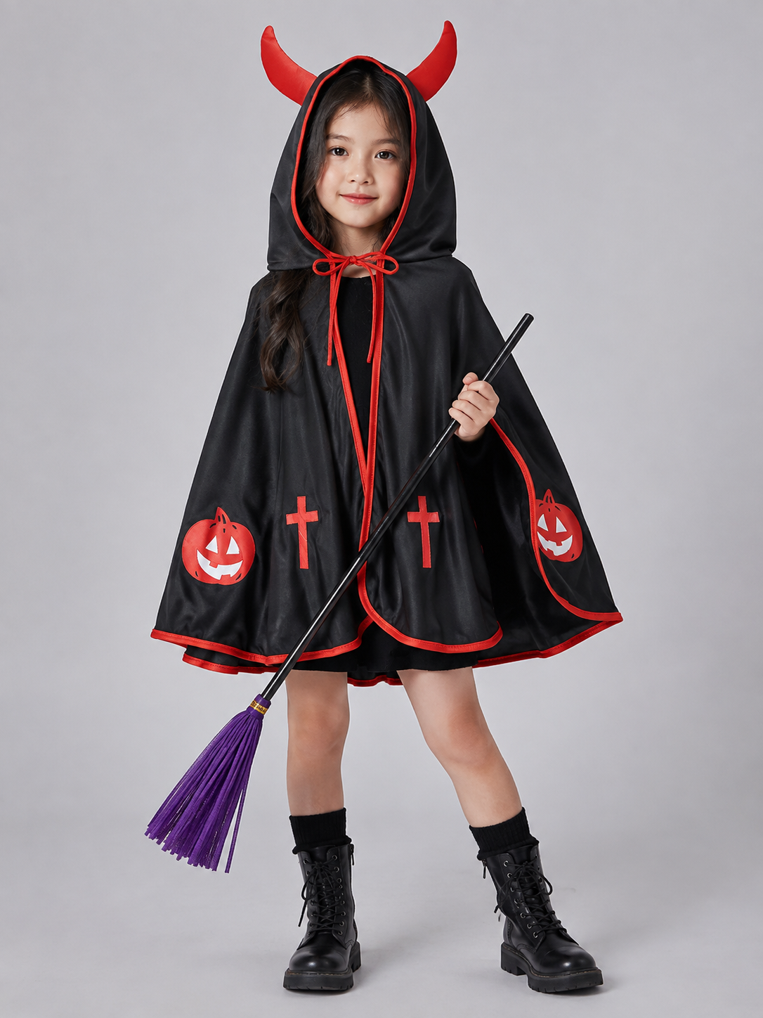 Carnival Cape with Hood and Witch Broom Costume Capes detail