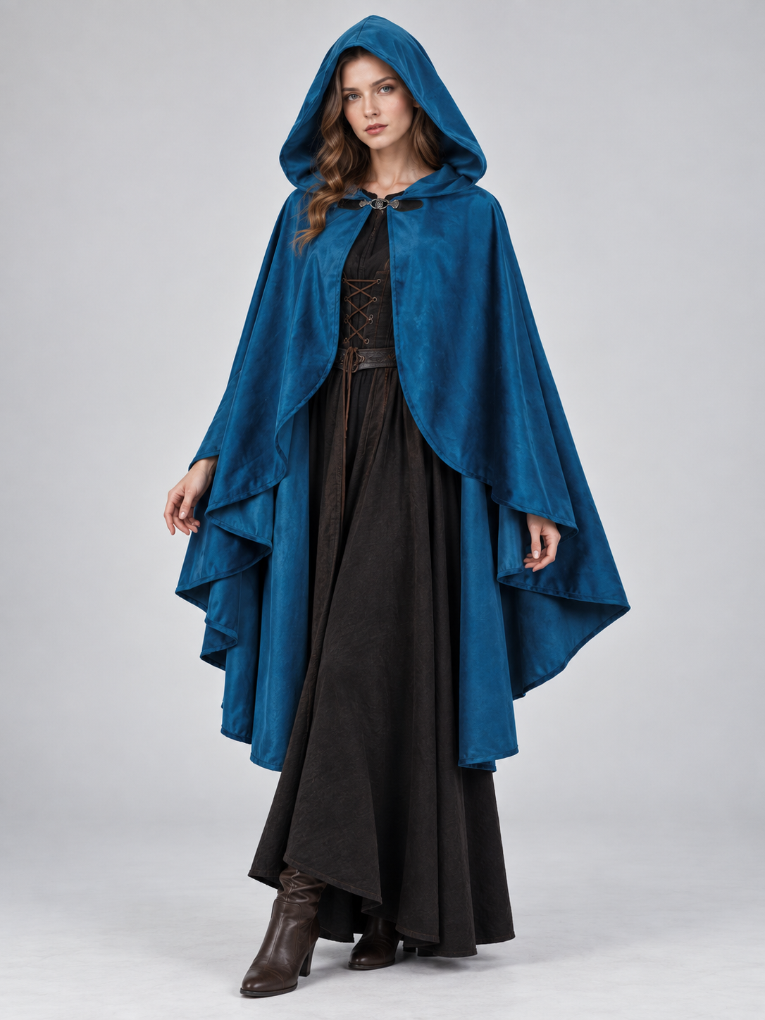 Hooded Cloak Cape, Dark Blue, Velour Suede