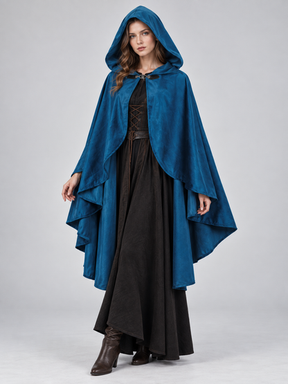 Hooded Cloak Cape, Dark Blue, Velour Suede