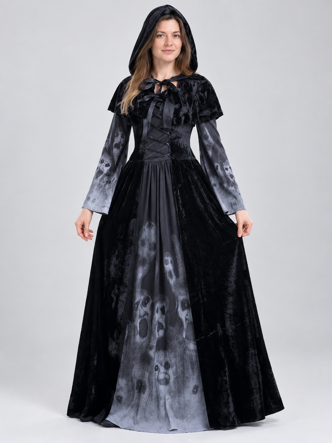 Black Hooded Carnival Dress with Skull Print
